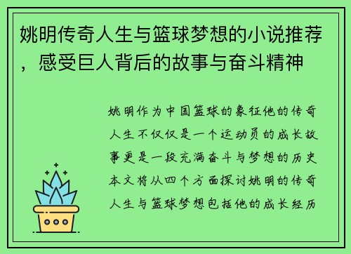姚明传奇人生与篮球梦想的小说推荐，感受巨人背后的故事与奋斗精神